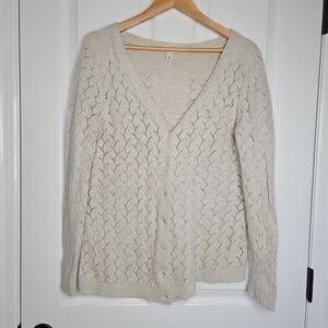 LL Bean Cardigan Sweater Womens XL Pointelle Wool Angora Cashmere Button Front